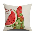 Detailed macro view of linen texture and summer watermelon gnome print on a cushion cover - Gnome with Braids and Watermelon Hat (YMS52-8) / 45cmx45cm