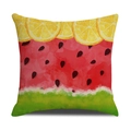 Macro texture of linen pillowcase featuring a watercolor watermelon and lemon print - Lemon and Watermelon Slice Combo (YMS52-10) / 45cmx45cm