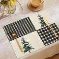 Linen Christmas placemat with black and white buffalo plaid and pine tree pattern - B&W Plaid Edge Sketch Tree (23CD2-27)