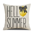Detail van Hello Summer kussenhoes met citroenprint en geruite strik op linnen stof - Hello Summer Citroen Stijl (YMX11-1)