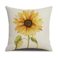 Vierkante beige zonnebloem kussensloop met aquarel bloemenprint en linnen textuur - Zonnebloem Bloemenstijl (YMC7-1)