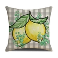 Square cushion cover with gray plaid pattern and yellow lemon print in linen texture - Gnome Stripe Style (YMX13-1)