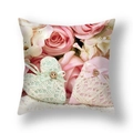 Floral throw pillow cover with pink roses and love heart lace bows for home sofa decor - Lace Heart Pendant and Rose (YMC15-10)
