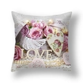 Close-up of floral LOVE print and pearl necklace detail on square cushion cover - LOVE Letters and Pink-Purple Roses (YMC15-9)