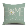 Detalle de funda de cojín de lino verde salvia con estampado floral HOME sweet home - Estilo HOME Verde Menta