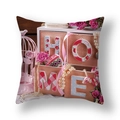 Detail of square pillowcase featuring home letters, pink roses, and vintage birdcage print - HOME Letters and Birdcage (YMC15-12)