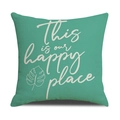 Detailaufnahme von mintgrünem Kissenbezug aus Leinen mit Blättermotiv und Schriftzug - Cyan Happy Place Stil (YMX8-3)