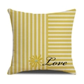 Detail of linen cushion cover featuring yellow daisy print and Love script embroidery - Bright Yellow Love Striped Style
