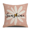 Detail of pink linen pillowcase featuring a white daisy print and Sunshine lettering - Light Pink Sunshine Daisy Style
