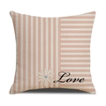 Close-up of pink daisy and Love print on striped linen texture decorative pillowcase - Light Pink Love Striped Style