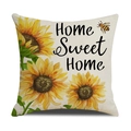 Sunflower cushion cover with Home Sweet Home print on rustic beige cotton linen fabric - Home Sweet Home Sunflower Style (YMC8-4)