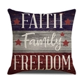 Detail of American theme pillow cover showing linen texture and FAITH Family FREEDOM print - 45x45cm(Cover Only) / FAITH Family FREEDOM Patchwork Design (YMD3-3)