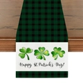 Groen zwart geruite St. Patrick's Day tafelloper met klaverprint en feestelijke tekst - 33*180cm / Groen Zwart Geruit Klaver Vakantiestijl (ZQ13-1)