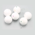 Set of 6 white flocked Christmas snowballs with colorful star patterns and silver hanging strings - White Snowballs with Color Stars (Set of 6)