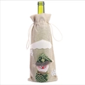 Linen Christmas wine bottle bag with a 3D snowman and green geometric hat design - Yellow Snowman