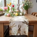 Linen Easter table runner with cute rabbit and egg prints for dining room decoration - 33*180cm / Watercolor Brown Bunny Style (ZQ17-15)