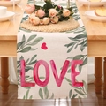 Tischläufer aus Leinen mit rotem LOVE-Schriftzug und grünen Blättern für die Deko - Blatt Rosa Liebe