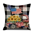 Independence Day pillow cover with plaid background, vintage truck and sunflower print - Plaid Retro Truck Sunflower Style / 45cmx45cm