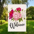 Detailed garden flag with pink peonies and Welcome text on a black metal stake stand - Peony Flower Welcome Style (HYQ18-14)