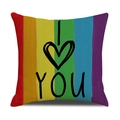 Fodera per cuscino quadrata a righe arcobaleno con stampa I Love You su lino - Stile I LOVE YOU a Righe Verticali Arcobaleno (YMG83-2)