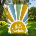 Close-up of Hello Summer garden flag with sunburst design on a black metal stake - Hyq18-10 / 30x45cm (without Pole)
