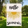 Vertical garden flag with Hello summer text and sun icon on a black metal stake - Yellow Radiant Sun Style (HYQ18-8)