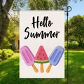 Close-up of Hello Summer garden flag with colorful popsicle print on metal stand - Artistic Summer Popsicle Style (HYQ18-7)