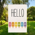 Close-up of Hello Summer garden flag featuring colorful popsicles on linen fabric - Hyq18-6 / 30x45cm (without Pole)