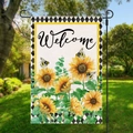 Outdoor garden flag with sunflower, bees, and Welcome text on a metal stand - Sunflower Bee Plaid Style (HYQ18-5)