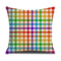 Close-up of the rainbow plaid fabric texture on a square linen cushion cover - Rainbow Plaid Style (YMG89-4)
