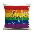 Detail of linen texture pillowcase with LOVE is love rainbow print and heart motif - Rainbow Stripe LOVE Style (YMG89-1)