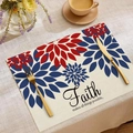 Detail der Leinentischmatte mit blau-rotem Blumenmuster und Faith-Zitatschrift - Faith makes all things possible (CD16-20)