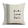 Detail van linnen kussensloop met herfsttekst p.s. love fall en grijsgroene strepen - Grijsgroen Verticale Strepen Met Tekst (YMG3-3)