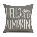 Grey linen Thanksgiving pillow cover with white pumpkin and Hello Pumpkin text - Grey Hello Pumpkin Lettering Style (YMG5-2)