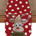 Red Christmas linen table runner featuring white polka dots and a cute cartoon reindeer - ZQ203-27 / 33x183cm