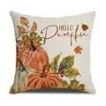 Detail of linen pumpkin pillow cover featuring HELLO Pumpkin text and autumn leaves - Hello Pumpkin Text Pattern (YMD1-2) / 45x45cm