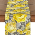 Tischläufer aus Leinen mit gelben Aquarellrosen und grauen Blättern auf Holztisch - Leuchtend Gelbe Rose mit Grauen Blättern (ZQ14-23)