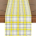 Gelb-grauer Tischläufer aus Leinen mit Karomuster und Aquarell-Effekt auf Holztisch - Gelb Grau Kariert Künstlerische Textur (ZQ14-24)