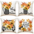 Set di 4 federe autunnali in lino con zucche e girasoli in stile rustico fattoria - Serie Zucca a Quadri Ringraziamento (YMF3) / 45x45cm (confezione da 4)