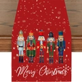 Red Christmas table runner featuring nutcracker soldiers and Merry Christmas lettering - ZQ203-28 / 33x183cm