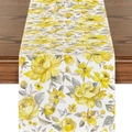 Tischläufer aus Leinen mit gelbem Blumenmuster auf dunkler Holzoberfläche - Leuchtend Gelbe Aquarell Blumen (ZQ14-21)