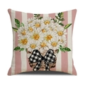 Square linen throw pillow cover with pink vertical stripes and white daisy basket print - 45x45cm(Case Only) / Pink White Vert Stripes-Basket (YMS46-8)