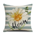 Linen pillow cover with daisy print and 'bloom' text on blue and white stripes - 45x45cm(Case Only) / Blue White Horiz Stripes-Bloom (YMS46-10)