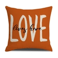 Detailaufnahme der orangen Leinen-Kissenhülle mit weißem Love lives here Aufdruck - Orange LOVE Kunststil (YMF5-1)