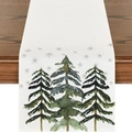 White linen Christmas table runner featuring green trees and grey snowflakes on wood - ZQ203-26 / 33x183cm