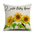 Linen square pillowcase with sunflower bird print and Love lives here text - Off-White Sunflower Bird Style (YMS27-2)