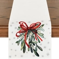 Linen Christmas table runner featuring watercolor holly leaves and red ribbon bow patterns - ZQ203-29 / 33x183cm