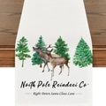 Linen Christmas table runner featuring watercolor reindeer and pine tree illustrations - ZQ203-25 / 33x183cm