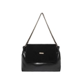 Minimalist black leather and suede shoulder bag with gold chain strap and metal logo - Black