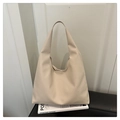 Minimalist cream white large capacity tote bag in pebbled leather with wide shoulder strap - Litchi Grain Style / White